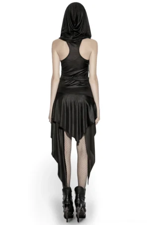 Black hooded asymmetric mesh gothic dress back view showing racerback design, mesh back detail, and layered draped skirt hem