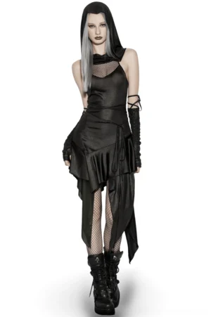 Black hooded asymmetric mesh gothic dress front three-quarter view on female model with fishnet chest panel and draped asymmetrical hemline