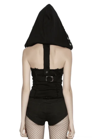 Rear view of black punk denim hooded corset vest showing back buckle strap closure and structured silhouette