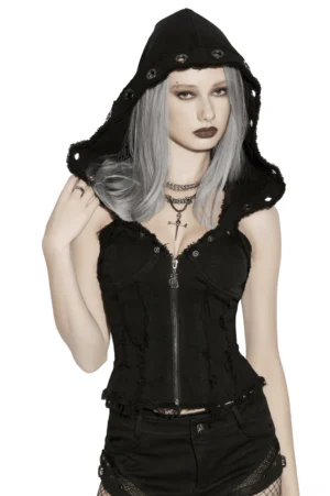 Black hooded denim corset vest with detachable hood, metal eyelets, and frayed hem worn by model in front view showcasing punk aesthetic