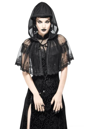 Black hooded gothic lace cape front view worn by female goth model, featuring scalloped lace hem and velvet ribbon closure