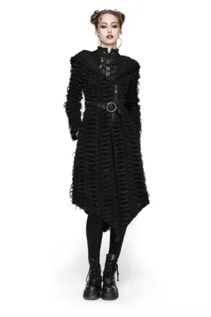 Black asymmetric hooded gothic cape with mesh overlay front view on model