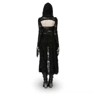 Black hooded gothic lace coat back view on model showing open back design and floor-length lace skirt