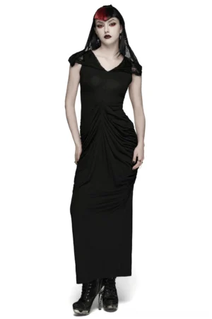 Black modal lace hooded gothic maxi dress with ruched bodice, front full view on model