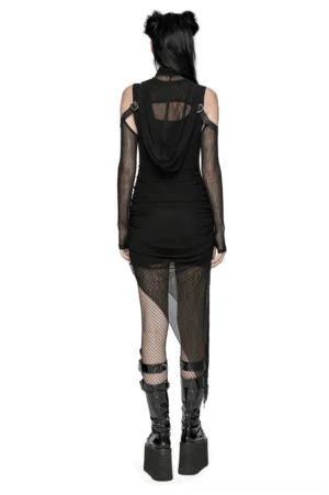 Black hooded gothic dress back view - open back harness design with mesh overlay and ruched bodycon silhouette
