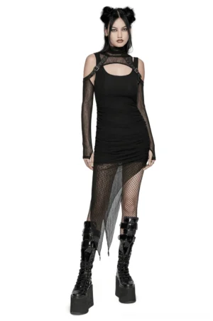 Black hooded gothic mesh dress front view - two-piece asymmetrical wasteland set with cutout chest and mesh arm sleeves