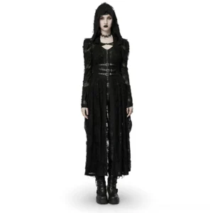 Black hooded lace gothic coat front view on model with cutout neckline and buckled waist detail