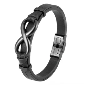 Black infinity leather bracelet with stainless steel clasp, front view gothic men's bracelet