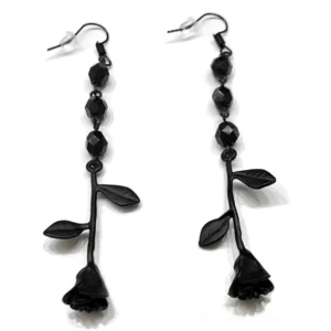 Black inverted rose beaded drop earrings front view flat lay - faceted matte black beads with rose leaf charms gothic jewelry