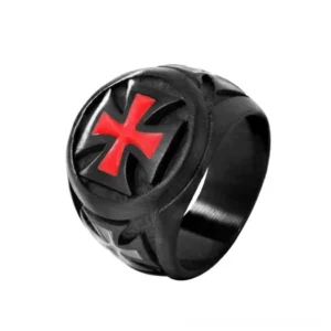 Black iron cross gothic signet ring with red enamel, front 3/4 view showing matte black finish and cross motif