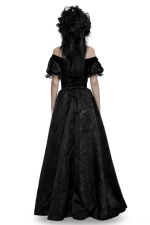 Gothic off-shoulder formal gown back view showing lace-up corset closure and floor-length skirt