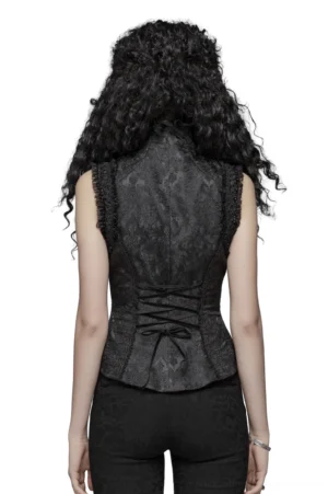 Black gothic waistcoat back view showing satin ribbon lace-up corset closure detail