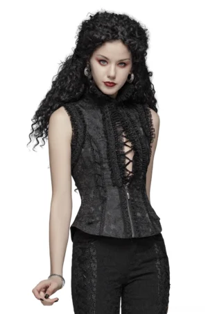 Black jacquard gothic waistcoat with high lace collar and front zipper, worn as full-body front view