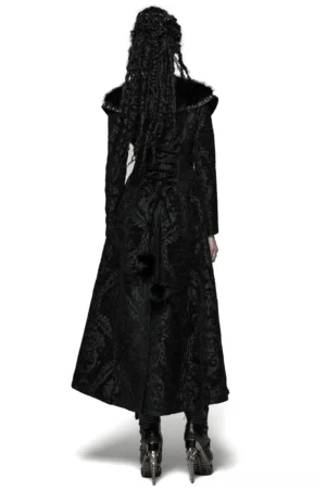 Black gothic jacquard plush longline coat with faux fur collar trim and lace-up back detail, rear full-body view on model