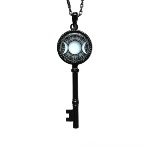 Black Metal Key of Solomon Moon Goddess Pendant with Blue Glass Inlay - Gothic Occult Necklace Front View