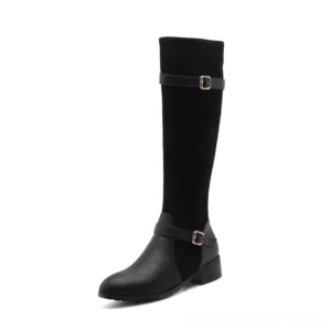 Black knee-high gothic riding boots with suede upper and leather sole - side angle three-quarter view