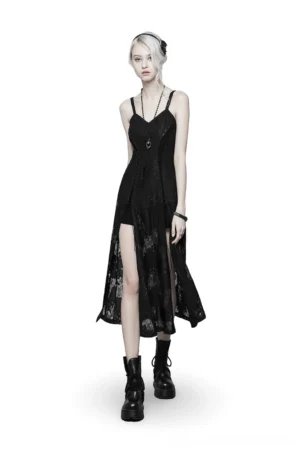 Black lace backless gothic slip dress front view worn by model showing spaghetti straps, high side slit, and asymmetrical hem