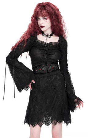 Black gothic lace mini dress with bell sleeves and square neckline on red-haired model, front view