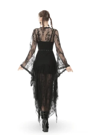 Black gothic lace dress back view displaying sheer lace back panel, flared lace cuffs, and adjustable spaghetti straps, rear full-body model shot