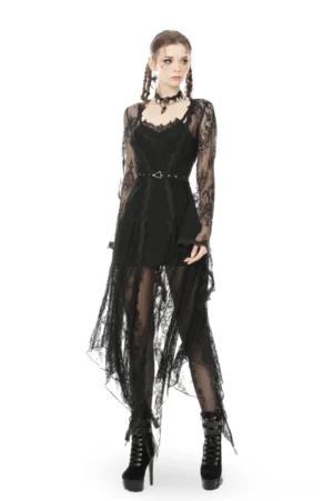 Black lace bodycon dress front view on model, showcasing delicate eyelash lace neckline and sleeves, sheer overlay detailing, and slim silhouette against white studio background