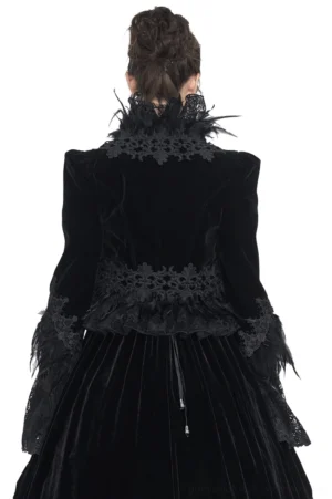 Gothic black lace bolero jacket with feathered hem - back perspective on model