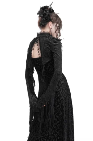Gothic black lace bolero with open back design and tasseled lace drape, back view of model wearing floor-length velvet dress