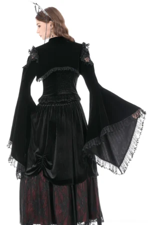 Gothic lace bell sleeve bolero jacket back view showing shirred back detail, velvet fabric texture, and delicate lace cuffs on flared sleeves