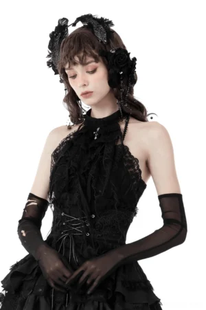Black lace crinkle camisole front view on model with gothic styling, showing delicate floral lace trim neckline and beaded spaghetti straps