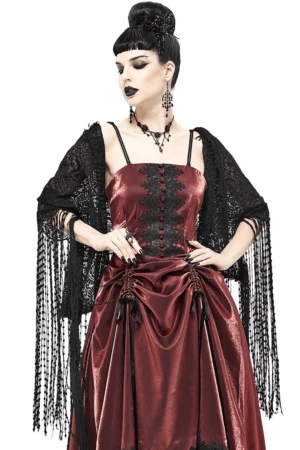 Black lace tassel cape worn by gothic model - front full-body view showing open-front design with flowing fringe trim