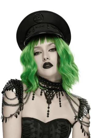 Black lace chain shoulder armor choker front view on model with green hair and police cap, showing scale metal shoulder pads and dangling chain tassels