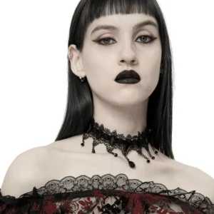 Close-up front view of black hollowed lace choker on model neck showing detailed lace pattern
