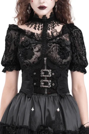 Black lace victorian corset belt with ornate metal buckles and tassel accents front full view on model