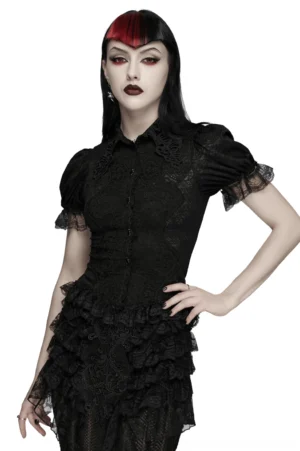 Black lace corset blouse with puff sleeves front three-quarter view on model with dramatic makeup and split-dyed hair, showcasing fitted waist silhouette and ornate collar
