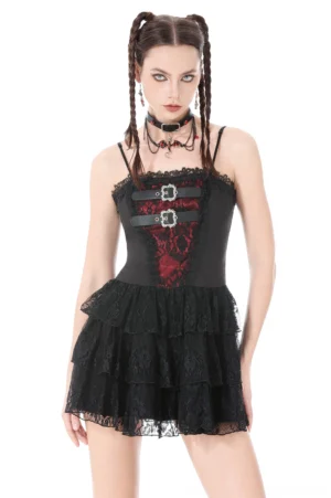 Black lace ruffle corset mini dress front view with buckle straps and layered ruffles