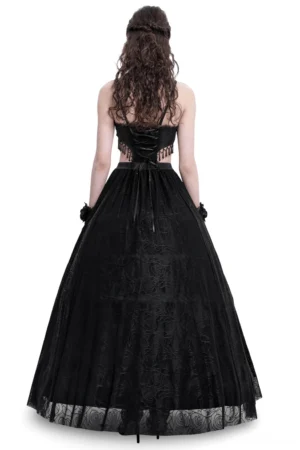 Gothic black lace corset dress back view showing ribbon lace-up closure and flowing tulle skirt