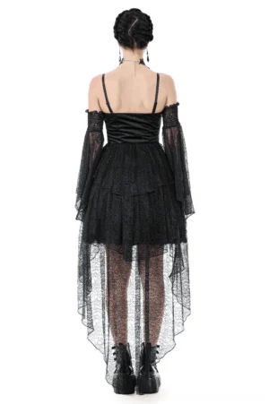 Gothic black lace dress back view showing sheer lace train and open back design