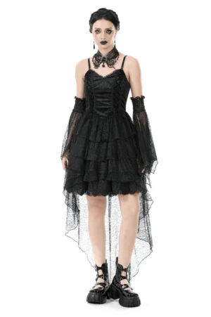 Black lace corset gothic dress with adjustable spaghetti straps and tiered asymmetrical hem front view