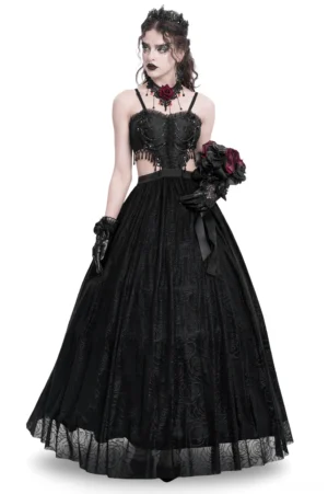 Black lace corset maxi dress with rose embellishments front three-quarter view on model