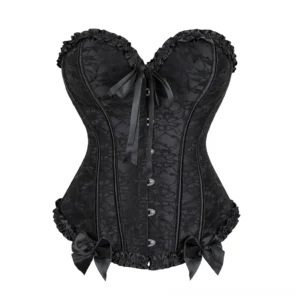 Black lace overbust corset front flat lay featuring ruffled sweetheart neckline, boned construction, and hem bow accents