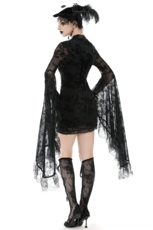Black gothic lace dress back view showing corset lace-up closure and knee-length hem