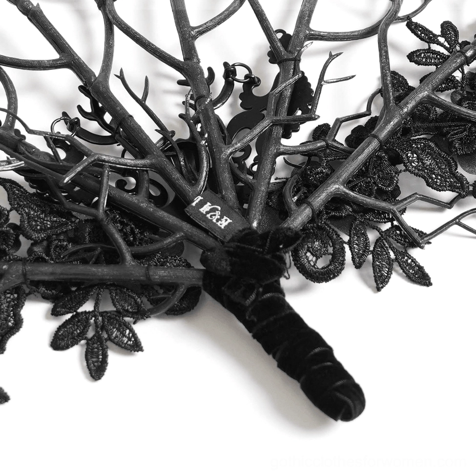 Black gothic lace hand fan with filigree floral branch architecture and ornate beaded edge detailing