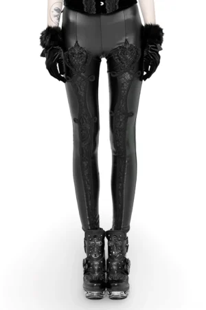 Black lace faux leather gothic leggings front view on model with platform boots and dark gloves