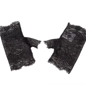 Pair of black lace fingerless gloves - flat lay top view showing scalloped lace edges and delicate floral lace pattern details