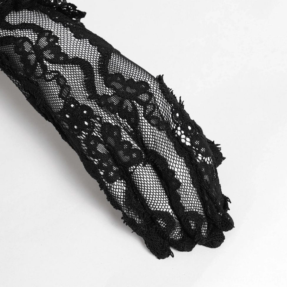 Black lace fingerless gothic gloves full length display, elegant dark romantic styling