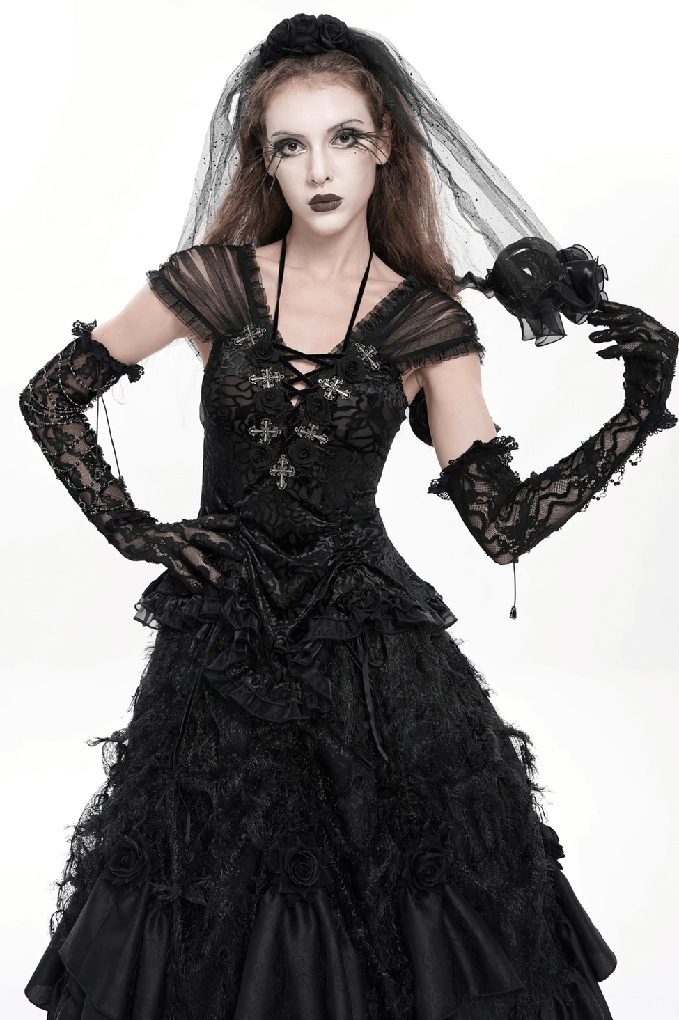 Lace fingerless gothic gloves detail shot highlighting delicate lace construction and elasticity
