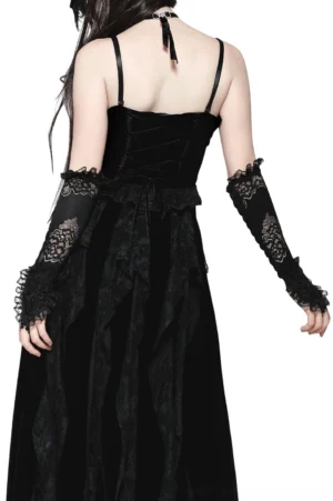 Back view of long black fingerless lace gloves on gothic model, demonstrating arm coverage and ruched lace texture with coordinating corset dress ensemble