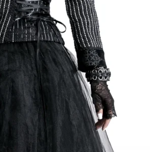 Black lace fingerless gothic gloves styled with gothic lolita outfit - complete ensemble featuring ribbon corset, striped sleeves, and tulle skirt