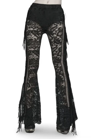 Black lace flare gothic pants front view - sheer floral lace with dramatic tassel fringe detail on model