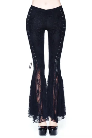 Black lace flare gothic pants front view on female model - slim fitted waist with sheer lace leg hem and side lace-up detail