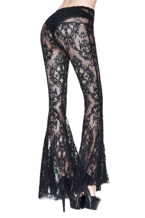 Black lace flare pants back view – gothic sheer trousers with elegant flared hem paired with heels